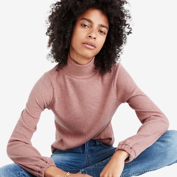 Madewell Bubble-Sleeve‎ Swing Turtleneck Top Size S Heather Rose Ribbed Casual - Picture 3 of 4